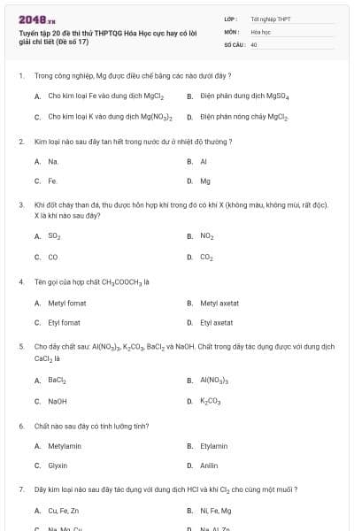Tuyển tập 20 đề thi thử THPTQG Hóa Học cực hay có lời giải chi tiết (Đề số 17)