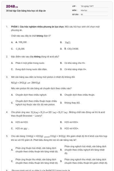 30 bài tập Cân bằng hóa học có đáp án