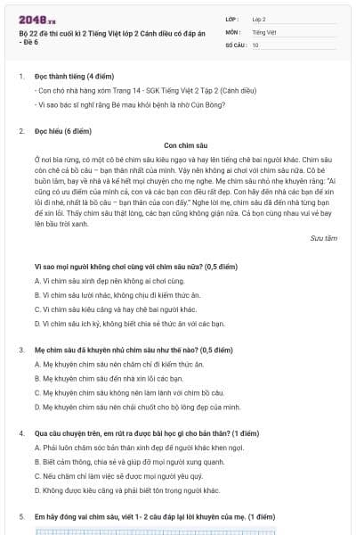 Bộ 22 đề thi cuối kì 2 Tiếng Việt lớp 2 Cánh diều có đáp án - Đề 6