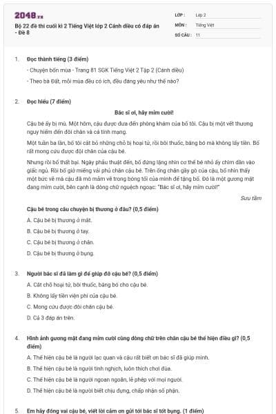 Bộ 22 đề thi cuối kì 2 Tiếng Việt lớp 2 Cánh diều có đáp án - Đề 8