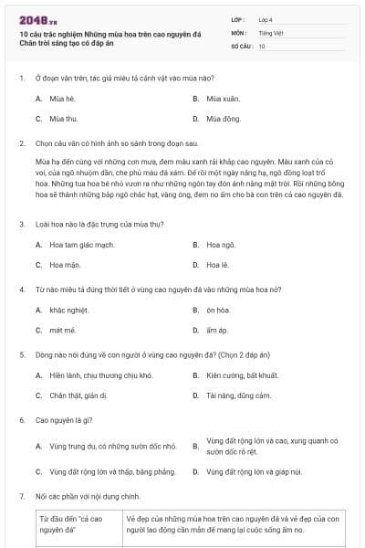 10 câu trắc nghiệm Những mùa hoa trên cao nguyên đá Chân trời sáng tạo có đáp án