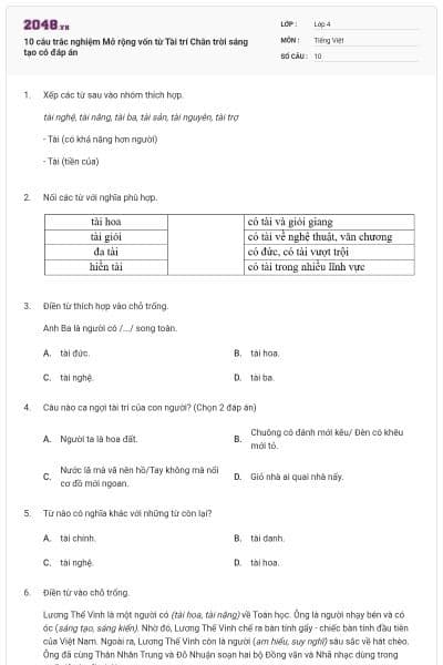 10 câu trắc nghiệm Mở rộng vốn từ Tài trí Chân trời sáng tạo có đáp án