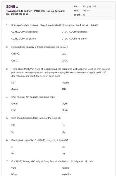 Tuyển tập 20 đề thi thử THPTQG Hóa Học cực hay có lời giải chi tiết (Đề số 20)
