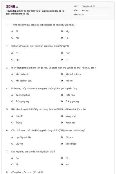 Tuyển tập 20 đề thi thử THPTQG Hóa Học cực hay có lời giải chi tiết (Đề số 18)