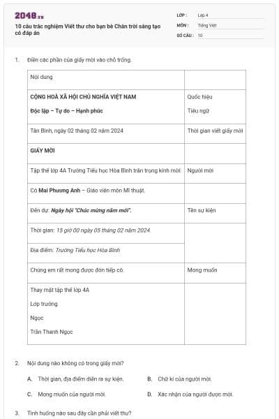 10 câu trắc nghiệm Viết thư cho bạn bè Chân trời sáng tạo có đáp án