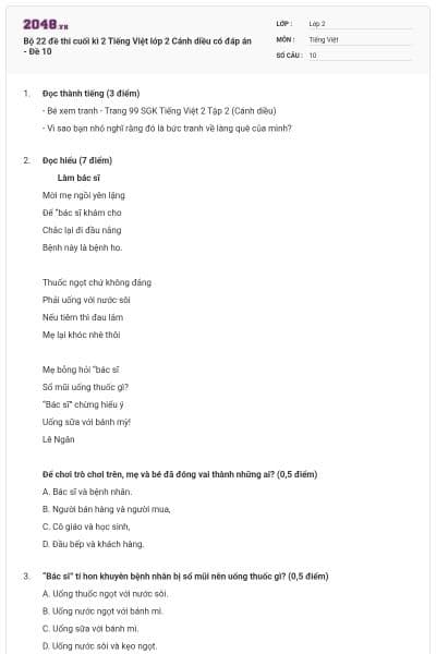 Bộ 22 đề thi cuối kì 2 Tiếng Việt lớp 2 Cánh diều có đáp án - Đề 10