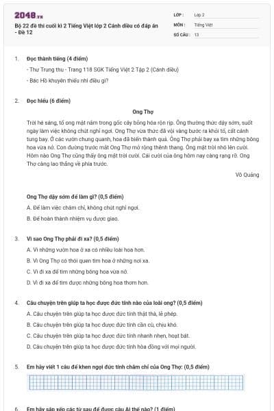 Bộ 22 đề thi cuối kì 2 Tiếng Việt lớp 2 Cánh diều có đáp án - Đề 12