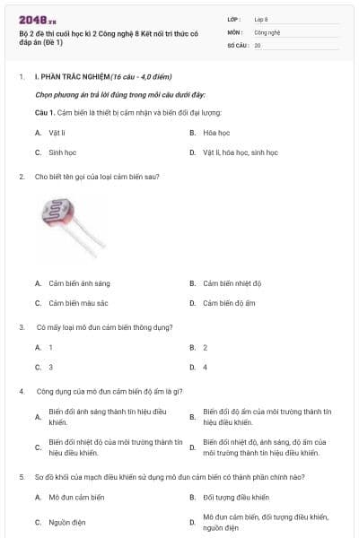 Bộ 2 đề thi cuối học kì 2 Công nghệ 8 Kết nối tri thức có đáp án (Đề 1)