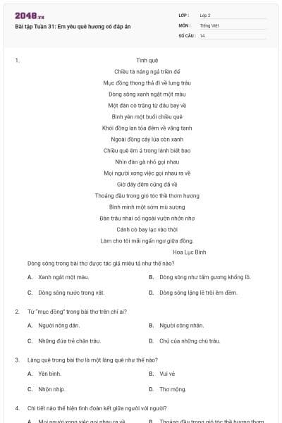 Bài tập Tuần 31: Em yêu quê hương có đáp án