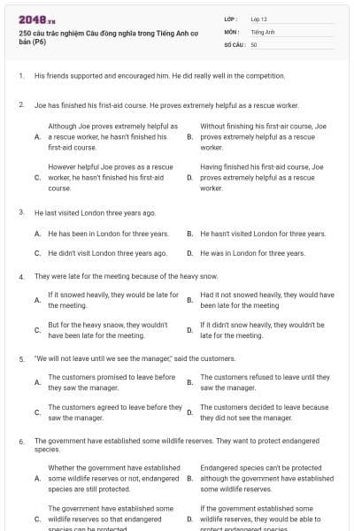 250 câu trắc nghiệm Câu đồng nghĩa trong Tiếng Anh cơ bản (P6)