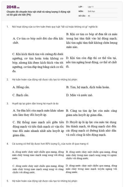 Chuyên đề chuyển hóa vật chất và năng lượng ở động vật có lời giải chi tiết (P6)