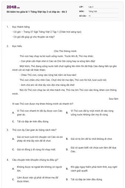 Đề kiểm tra giữa kì 1 Tiếng Việt lớp 2 có đáp án - Đề 2