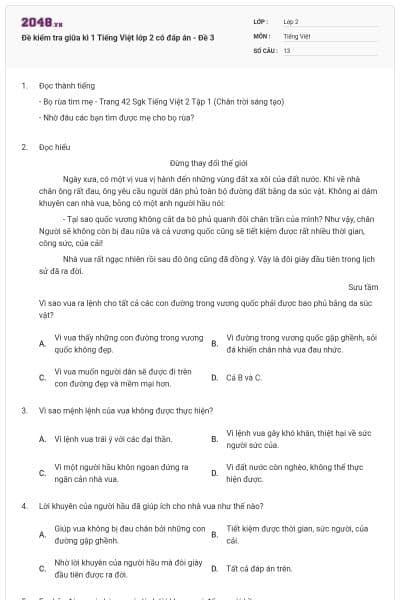 Đề kiểm tra giữa kì 1 Tiếng Việt lớp 2 có đáp án - Đề 3