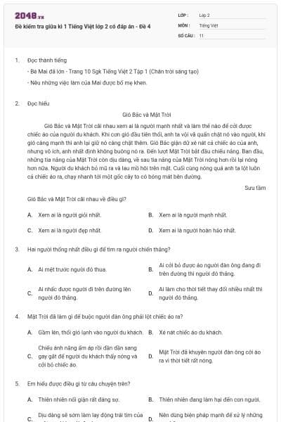 Đề kiểm tra giữa kì 1 Tiếng Việt lớp 2 có đáp án - Đề 4
