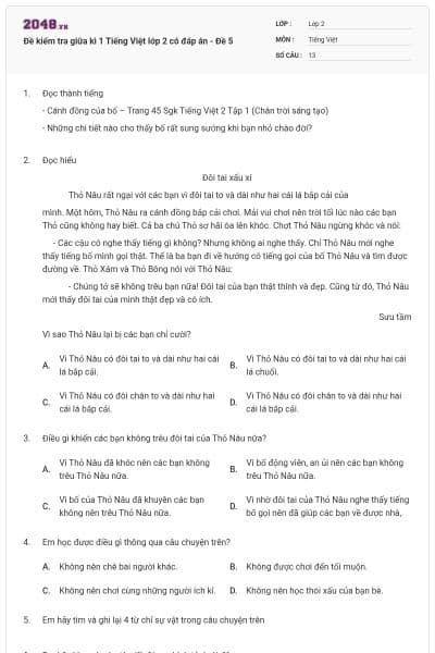 Đề kiểm tra giữa kì 1 Tiếng Việt lớp 2 có đáp án - Đề 5