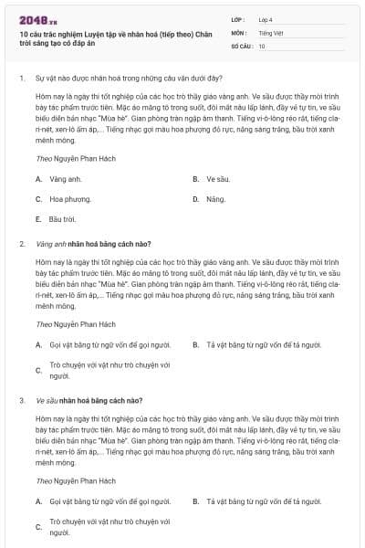 10 câu trắc nghiệm Luyện tập về nhân hoá (tiếp theo) Chân trời sáng tạo có đáp án