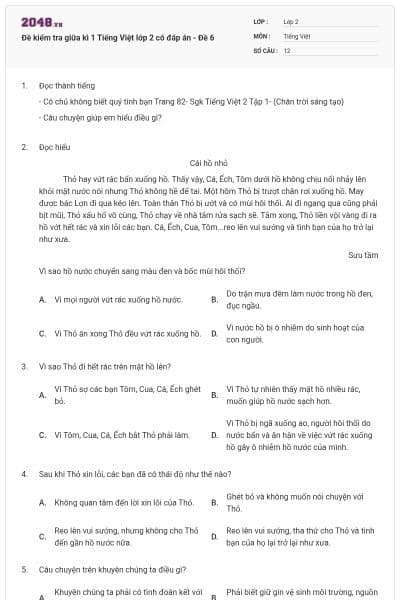 Đề kiểm tra giữa kì 1 Tiếng Việt lớp 2 có đáp án - Đề 6