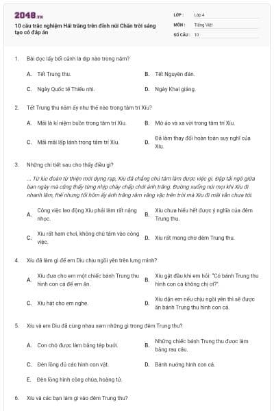 10 câu trắc nghiệm Hái trăng trên đỉnh núi Chân trời sáng tạo có đáp án