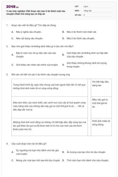 4 câu trắc nghiệm Viết đoạn văn nêu lí do thích một câu chuyện Chân trời sáng tạo có đáp án