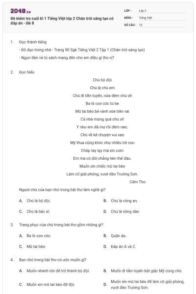 Đề kiểm tra cuối kì 1 Tiếng Việt lớp 2 Chân trời sáng tạo có đáp án - Đề 8