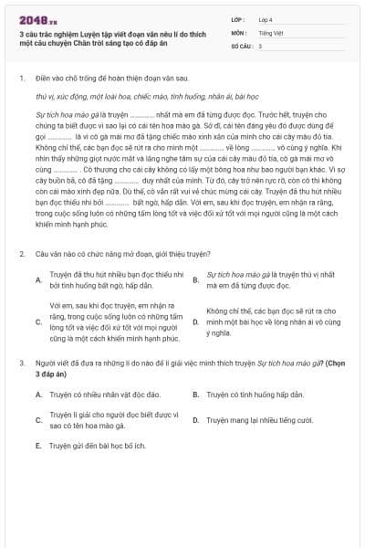 3 câu trắc nghiệm Luyện tập viết đoạn văn nêu lí do thích một câu chuyện Chân trời sáng tạo có đáp án