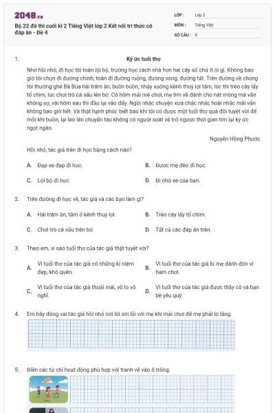 Bộ 22 đề thi cuối kì 2 Tiếng Việt lớp 2 Kết nối tri thức có đáp án - Đề 4