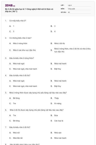 Bộ 3 đề thi giữa học kì 1 Công nghệ 6 Kết nối tri thức có đáp án ( Đề 1)