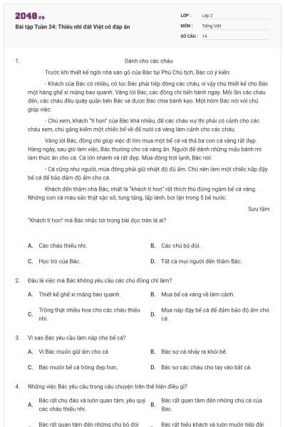 Bài tập Tuần 34: Thiếu nhi đất Việt có đáp án