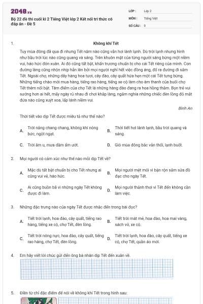 Bộ 22 đề thi cuối kì 2 Tiếng Việt lớp 2 Kết nối tri thức có đáp án - Đề 5