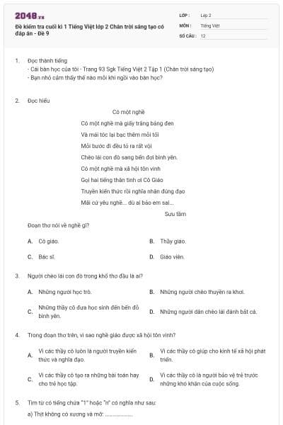 Đề kiểm tra cuối kì 1 Tiếng Việt lớp 2 Chân trời sáng tạo có đáp án - Đề 9