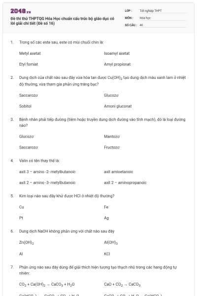 Đề thi thử THPTQG Hóa Học chuẩn cấu trúc bộ giáo dục có lời giải chi tiết (Đề số 16)
