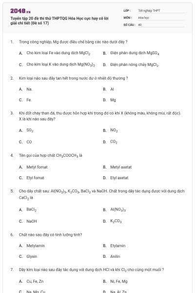 Tuyển tập 20 đề thi thử THPTQG Hóa Học cực hay có lời giải chi tiết (Đề số 17)
