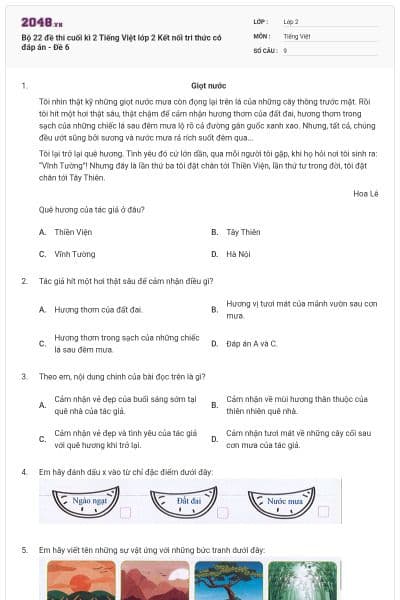 Bộ 22 đề thi cuối kì 2 Tiếng Việt lớp 2 Kết nối tri thức có đáp án - Đề 6