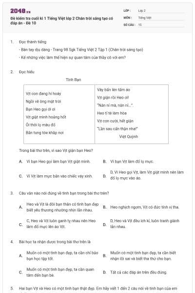 Đề kiểm tra cuối kì 1 Tiếng Việt lớp 2 Chân trời sáng tạo có đáp án - Đề 10