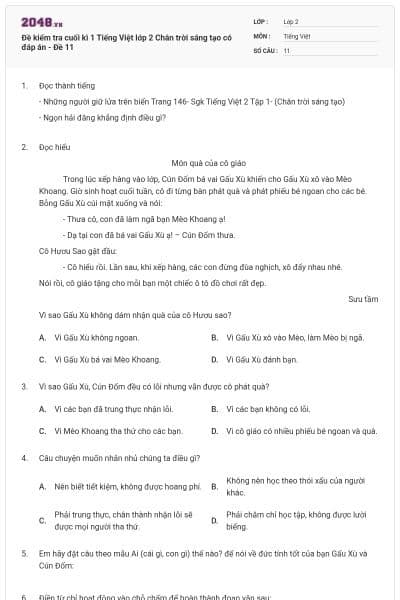 Đề kiểm tra cuối kì 1 Tiếng Việt lớp 2 Chân trời sáng tạo có đáp án - Đề 11