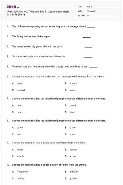 Đề thi cuối học kì 2 Tiếng Anh Lớp 8 i-Learn Smart World có đáp án (Đề 1)