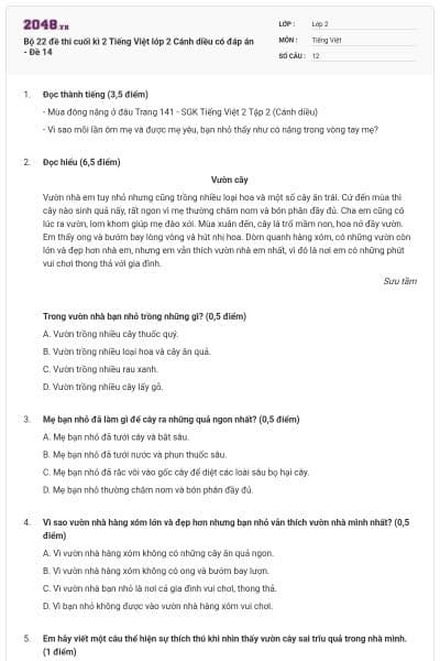 Bộ 22 đề thi cuối kì 2 Tiếng Việt lớp 2 Cánh diều có đáp án - Đề 14