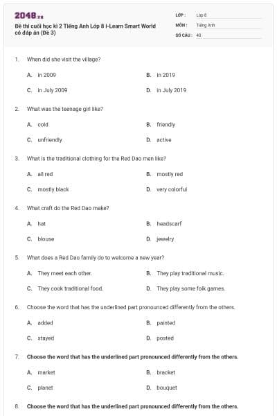 Đề thi cuối học kì 2 Tiếng Anh Lớp 8 i-Learn Smart World có đáp án (Đề 3)