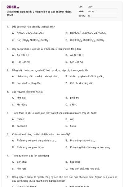 Đề kiểm tra giữa học kì 2 môn Hoá 9 có đáp án (Mới nhất)_ đề 25