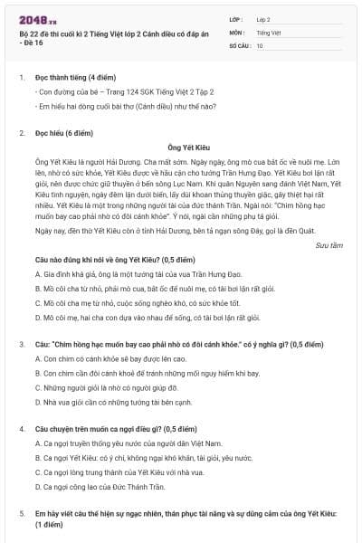 Bộ 22 đề thi cuối kì 2 Tiếng Việt lớp 2 Cánh diều có đáp án - Đề 16