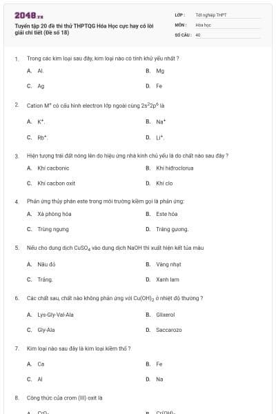 Tuyển tập 20 đề thi thử THPTQG Hóa Học cực hay có lời giải chi tiết (Đề số 18)