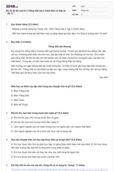 Bộ 22 đề thi cuối kì 2 Tiếng Việt lớp 2 Cánh diều có đáp án - Đề 17