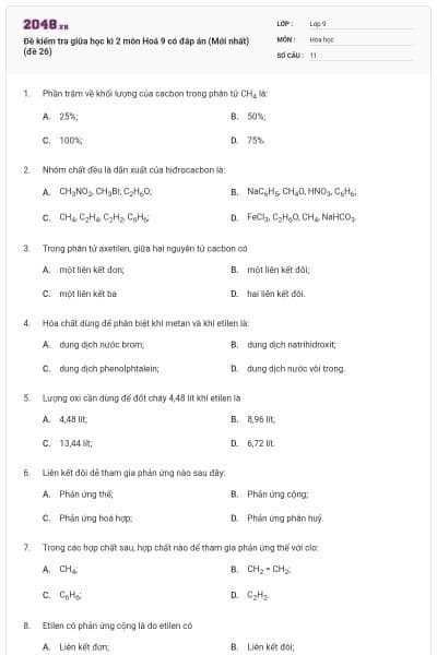 Đề kiểm tra giữa học kì 2 môn Hoá 9 có đáp án (Mới nhất) (đề 26)