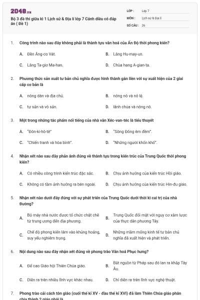 Bộ 3 đề thi giữa kì 1 Lịch sử & Địa lí lớp 7 Cánh diều có đáp án ( Đề 1)