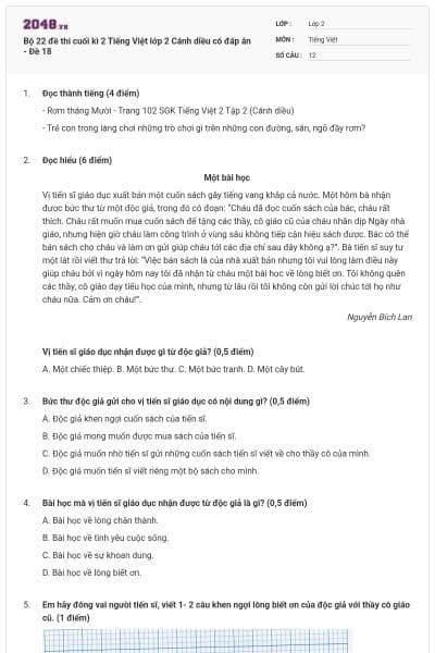 Bộ 22 đề thi cuối kì 2 Tiếng Việt lớp 2 Cánh diều có đáp án - Đề 18