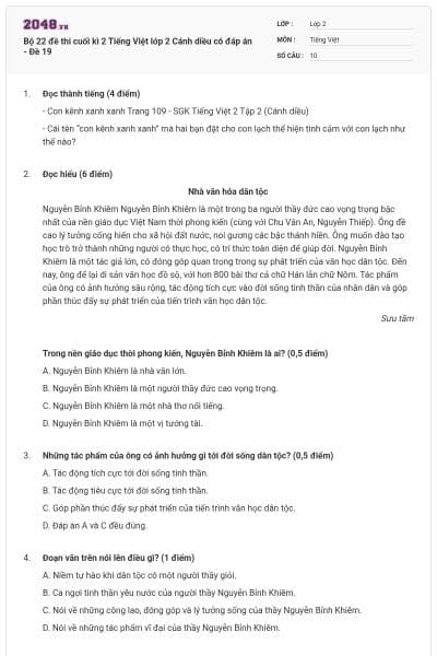 Bộ 22 đề thi cuối kì 2 Tiếng Việt lớp 2 Cánh diều có đáp án - Đề 19