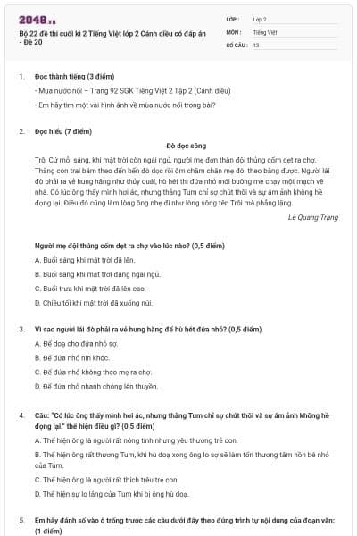 Bộ 22 đề thi cuối kì 2 Tiếng Việt lớp 2 Cánh diều có đáp án - Đề 20