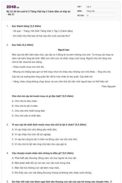 Bộ 22 đề thi cuối kì 2 Tiếng Việt lớp 2 Cánh diều có đáp án - Đề 21
