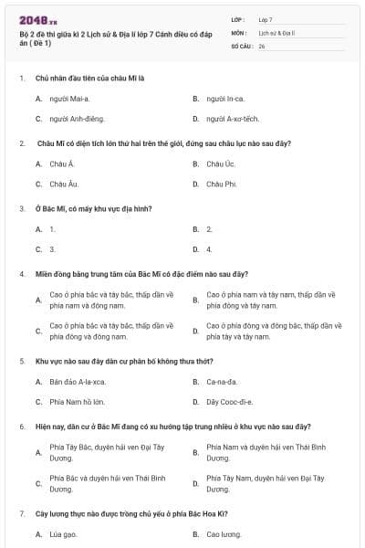 Bộ 2 đề thi giữa kì 2 Lịch sử & Địa lí lớp 7 Cánh diều có đáp án ( Đề 1)