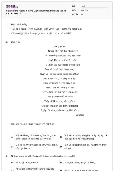 Đề kiểm tra cuối kì 1 Tiếng Việt lớp 2 Chân trời sáng tạo có đáp án - Đề 14